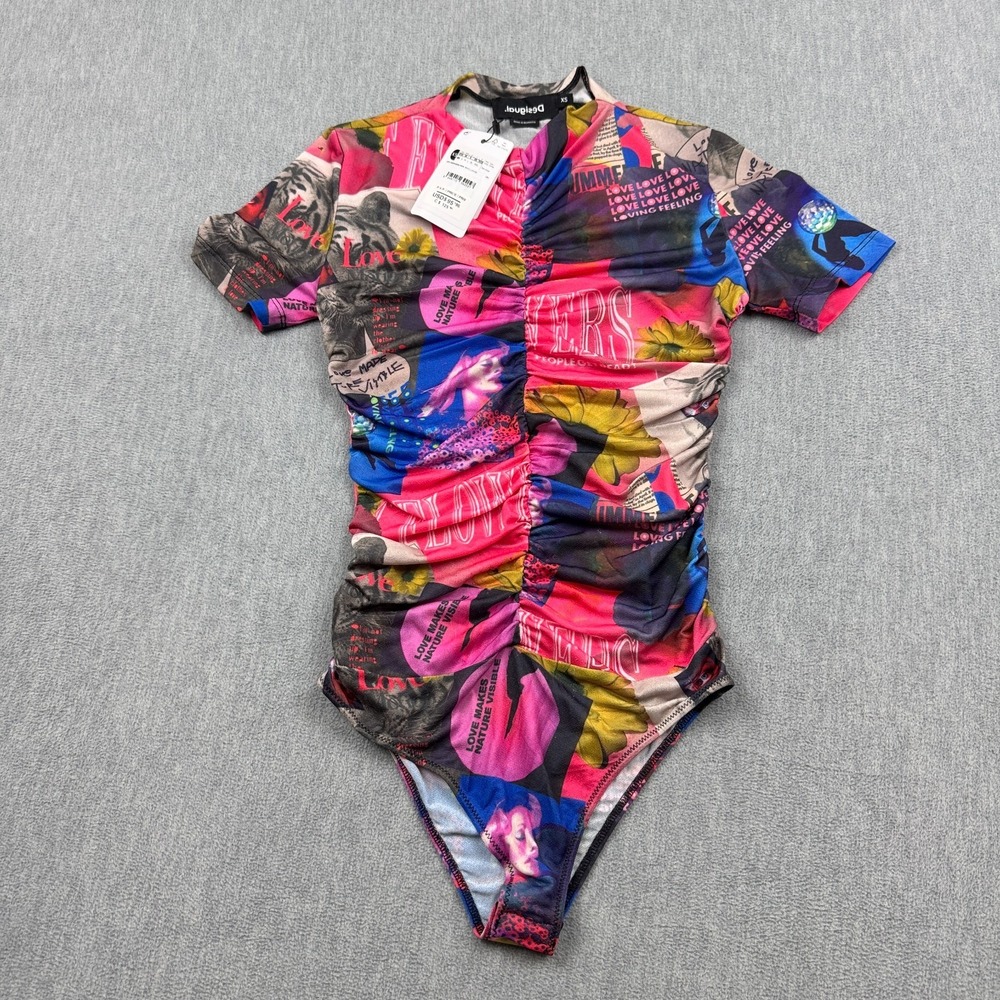 Desigual Bodysuit Womens XS‎ Pink Purple Louise Collage Tulle Ruched 23SWQK24